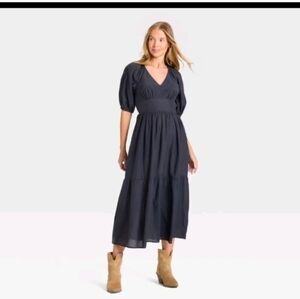 Universal Thread Women's Puff Elbow Sleeve Maxi A-Line Dress With Pockets Navy
